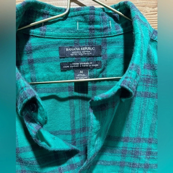 Banana Republic organic cotton flannel warm green black plaid unisex 90s US M - Picture 3 of 4